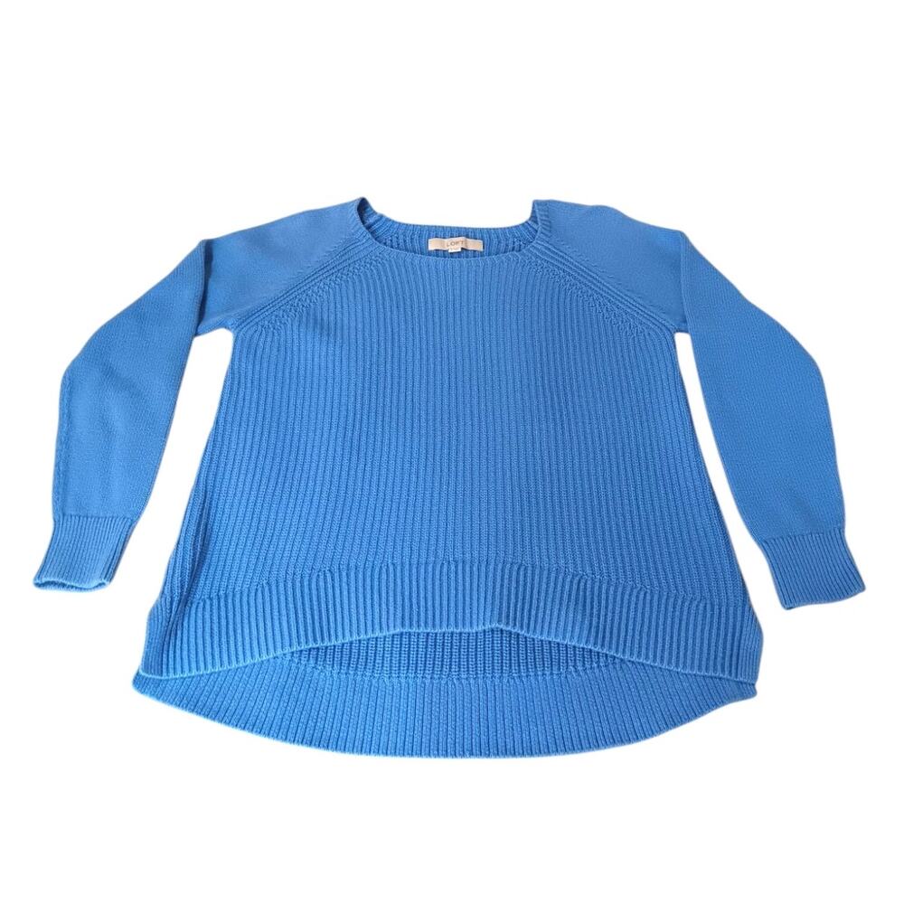 LOFT Cableknit Sweater M Cotton High‎ Low Hem Blue Casual Office Career Event - Picture 5 of 10